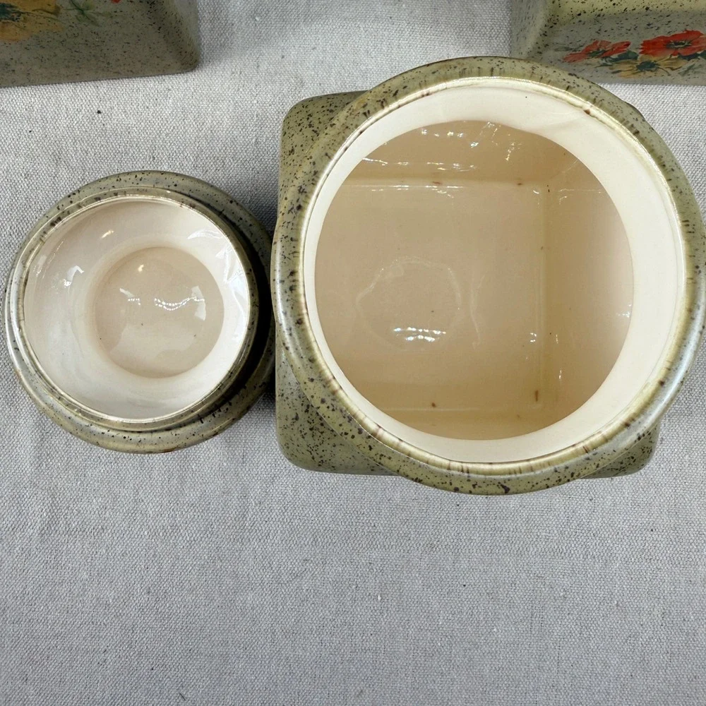 Vintage Clara's Ceramics Floral‎ Canister Set 3 Speckled Stoneware Retro Kitchen